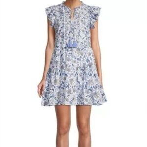 Celina Moon Flutter Sleeve Mini Dress Blue Floral Tassels Size Large